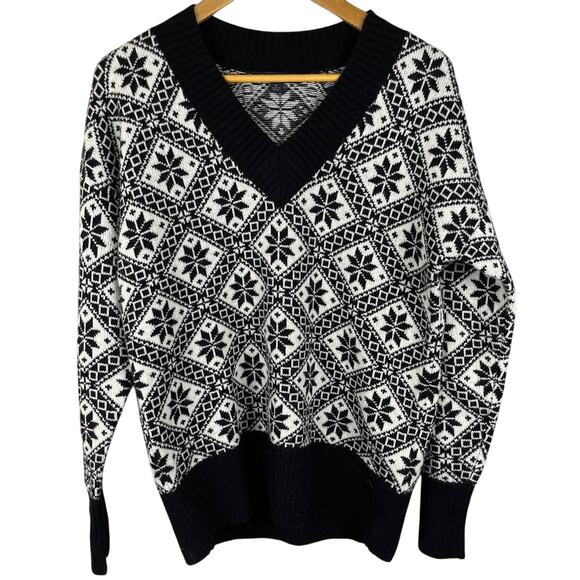 Brooks Brothers Wool Blend Black & White Snowflake V-Neck Sweater Size Small - Picture 1 of 9